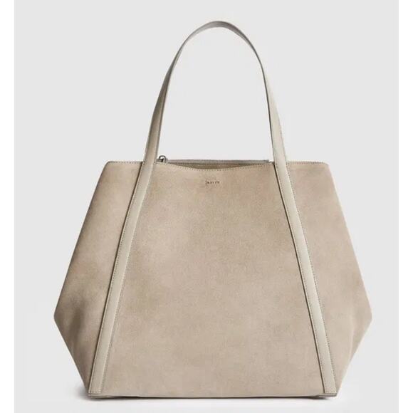 Reiss Beige Suede Slouchy Tote Bag Leather Trim Soft Unstructured Shoulder Purse - Picture 15 of 15